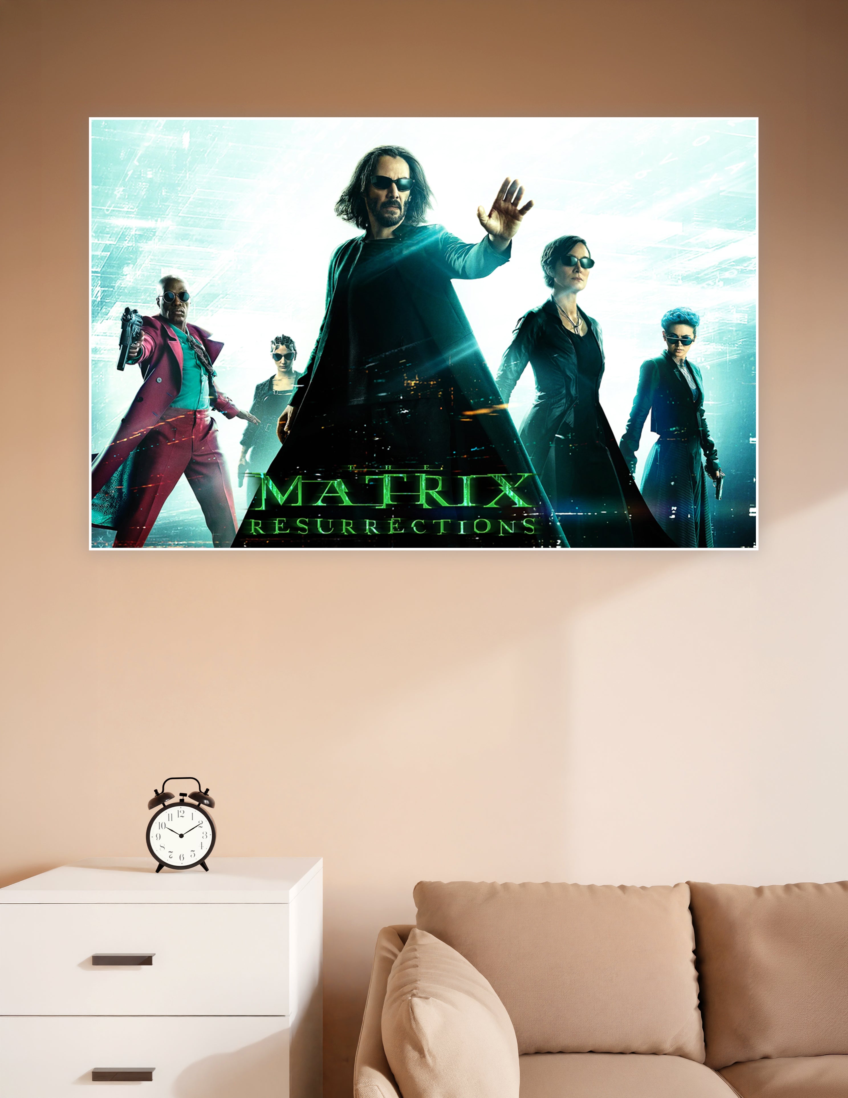 The Matrix Resurrections official movie poster featuring Neo with raised hand, Trinity, and ensemble cast against a glowing teal cyberpunk background