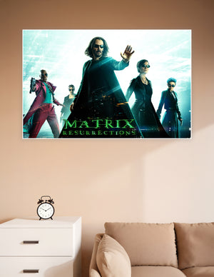 The Matrix Resurrections official movie poster featuring Neo with raised hand, Trinity, and ensemble cast against a glowing teal cyberpunk background