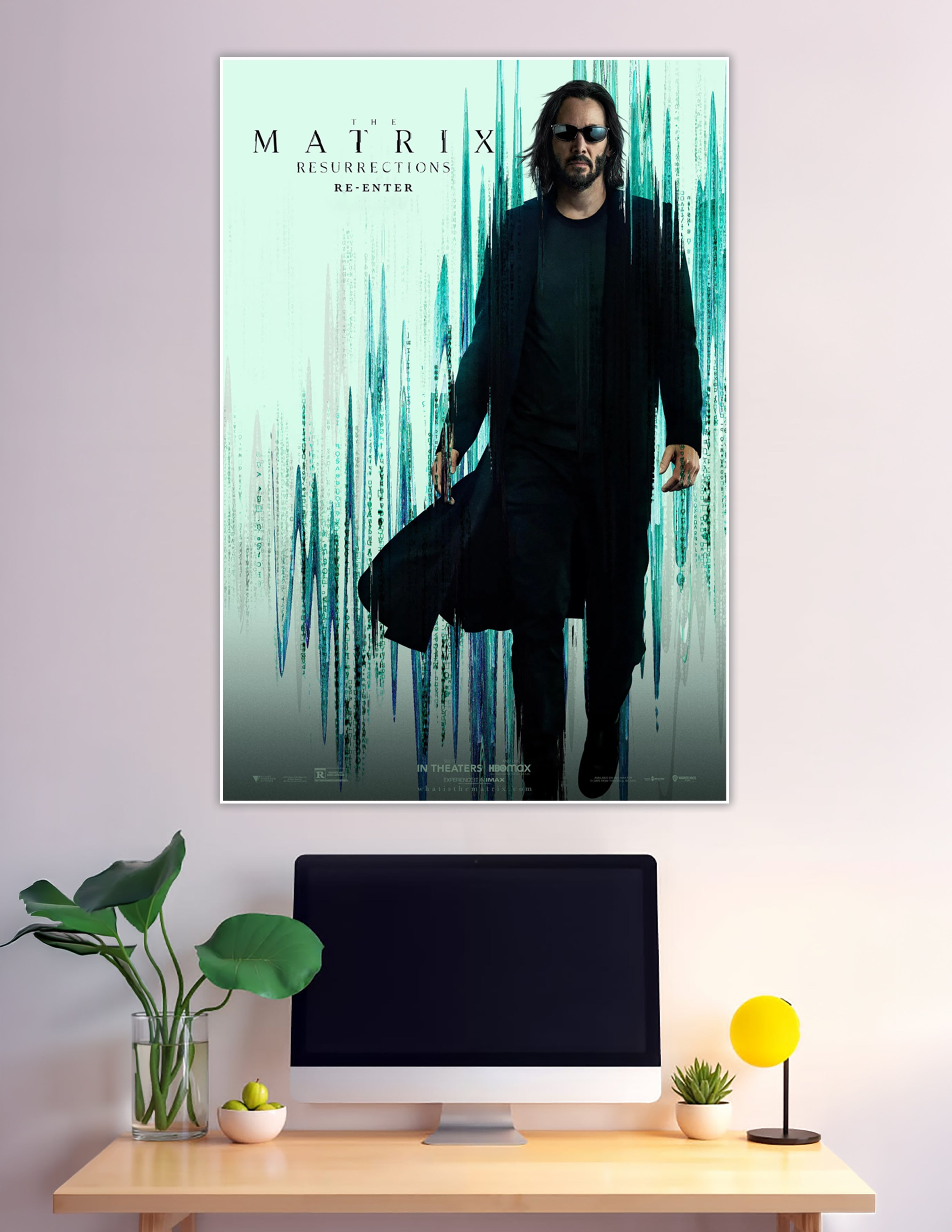 The Matrix Resurrections Re-Enter movie poster featuring a figure in a black trench coat and sunglasses surrounded by cascading teal digital code