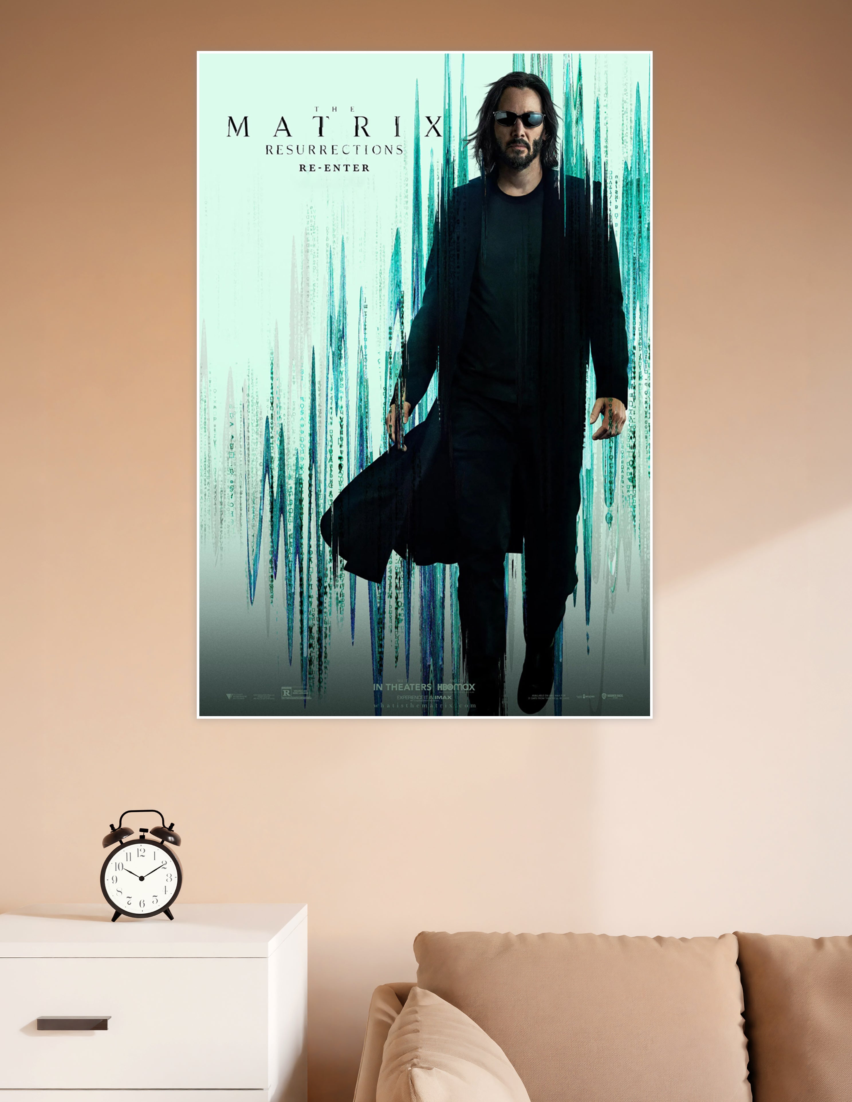 The Matrix Resurrections Re-Enter movie poster featuring a figure in a black trench coat and sunglasses surrounded by cascading teal digital code