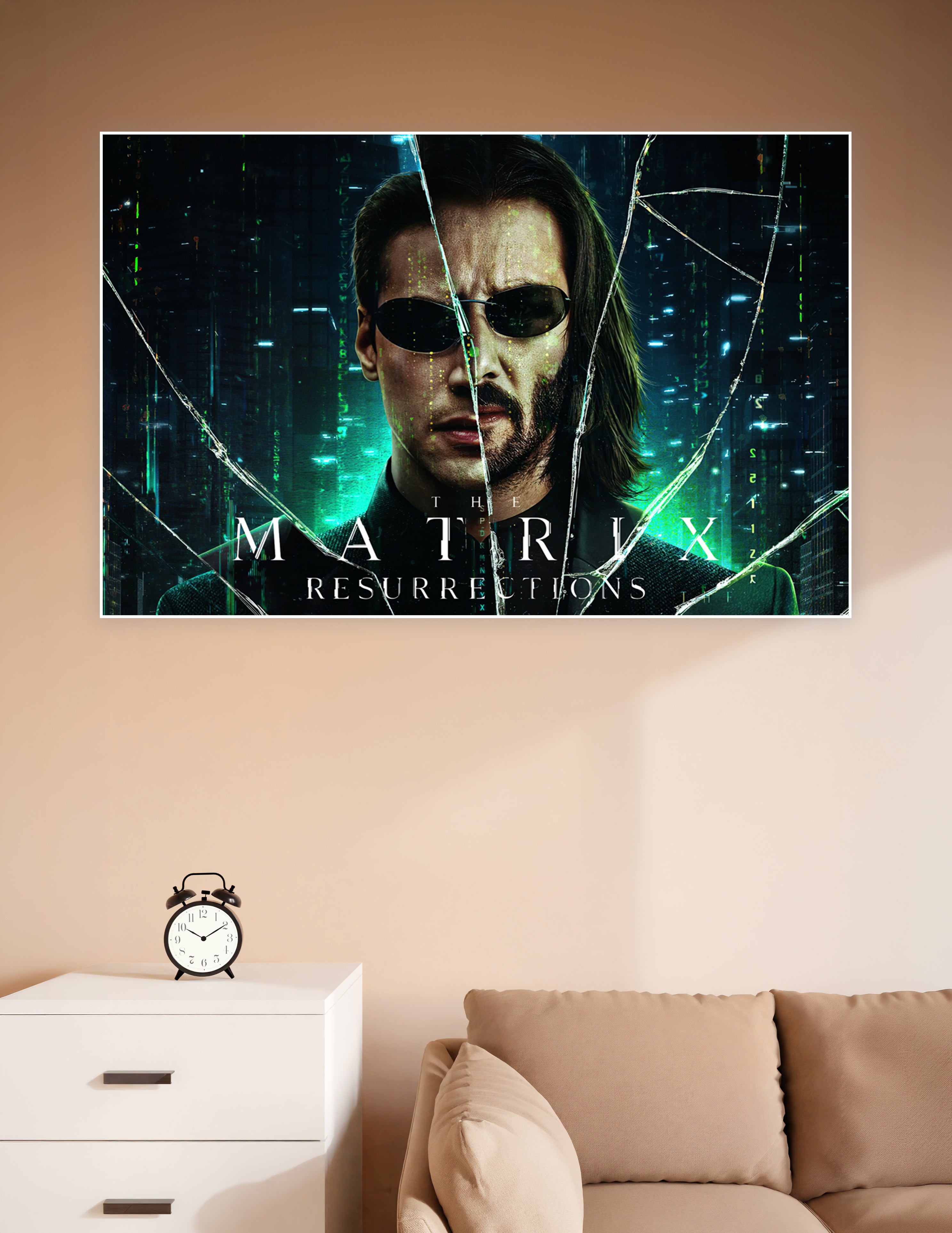 The Matrix Resurrections movie poster featuring Neo in dark sunglasses with a shattered glass effect and green digital cityscape background