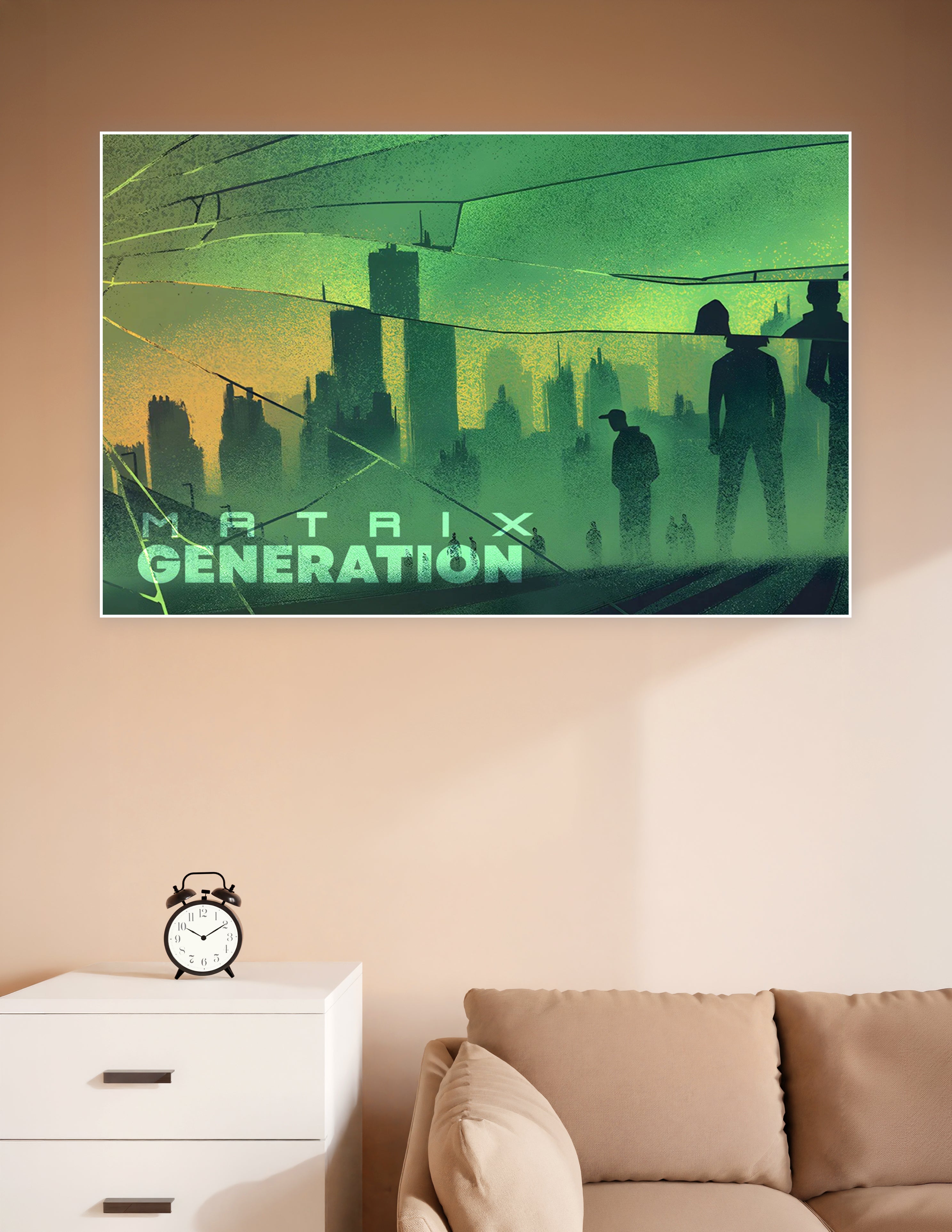Matrix Generation poster featuring green-toned dystopian city skyline with silhouetted figures and cracked glass overlay effect