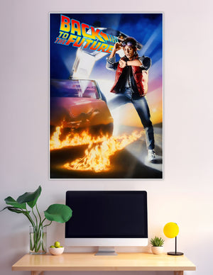 Back to the Future 1985 movie poster featuring Marty McFly checking his watch beside the flaming DeLorean time machine with bold retro title typography