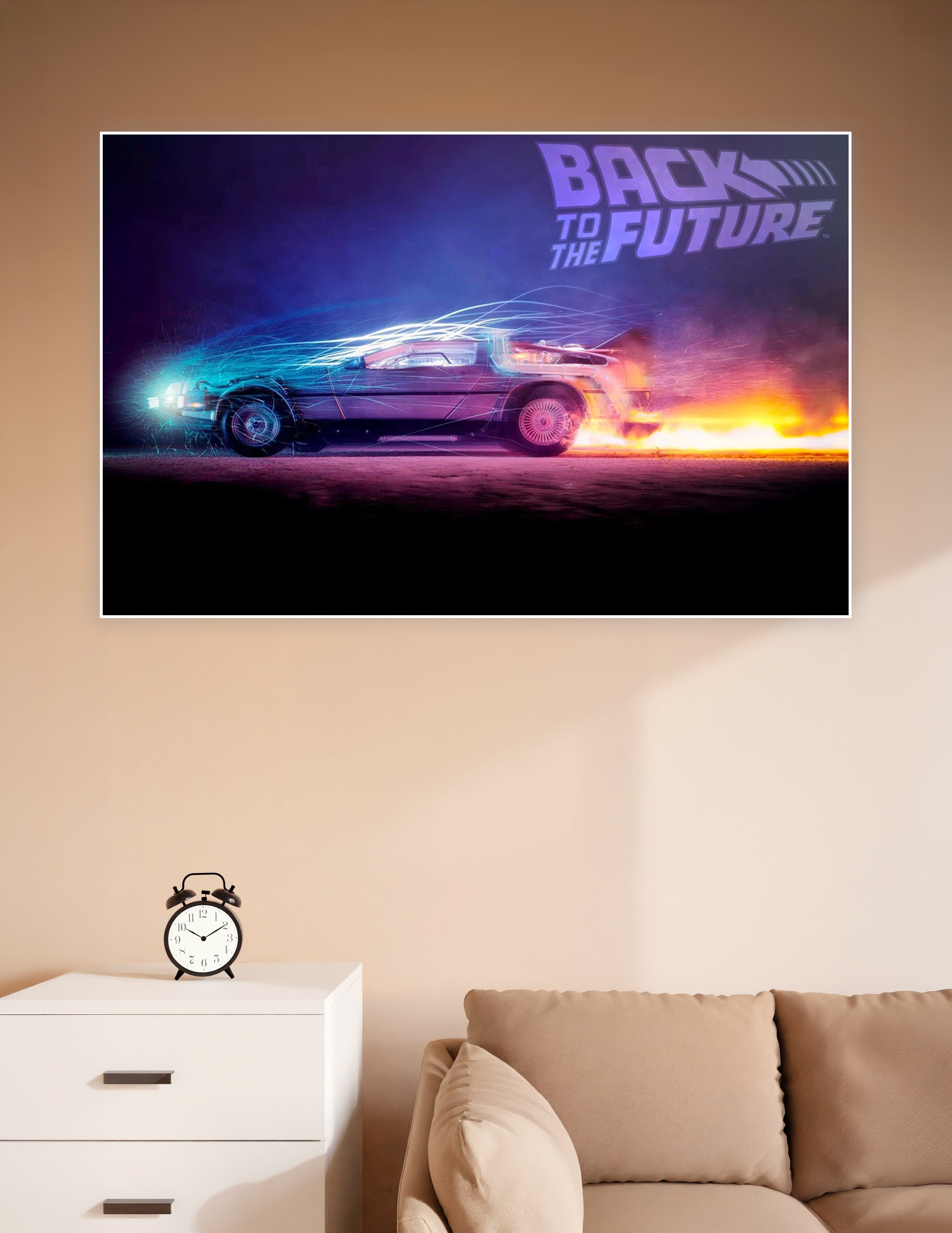 Back to the Future DeLorean DMC-12 time machine poster with neon blue electric sparks and fire trails on a dark purple background