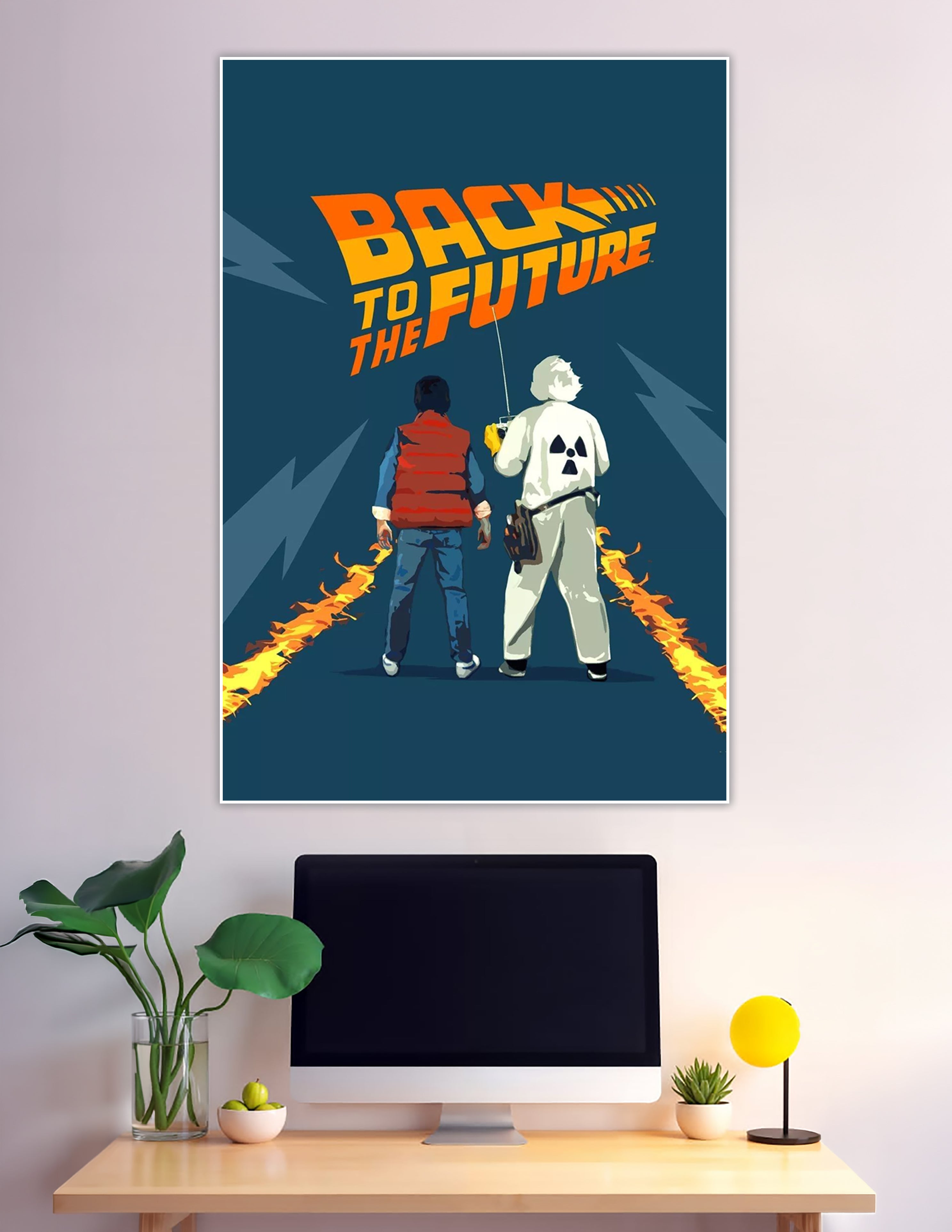 Illustrated Back to the Future poster showing Marty McFly and Doc Brown from behind, standing between fiery DeLorean tire tracks with the iconic logo above on a teal background