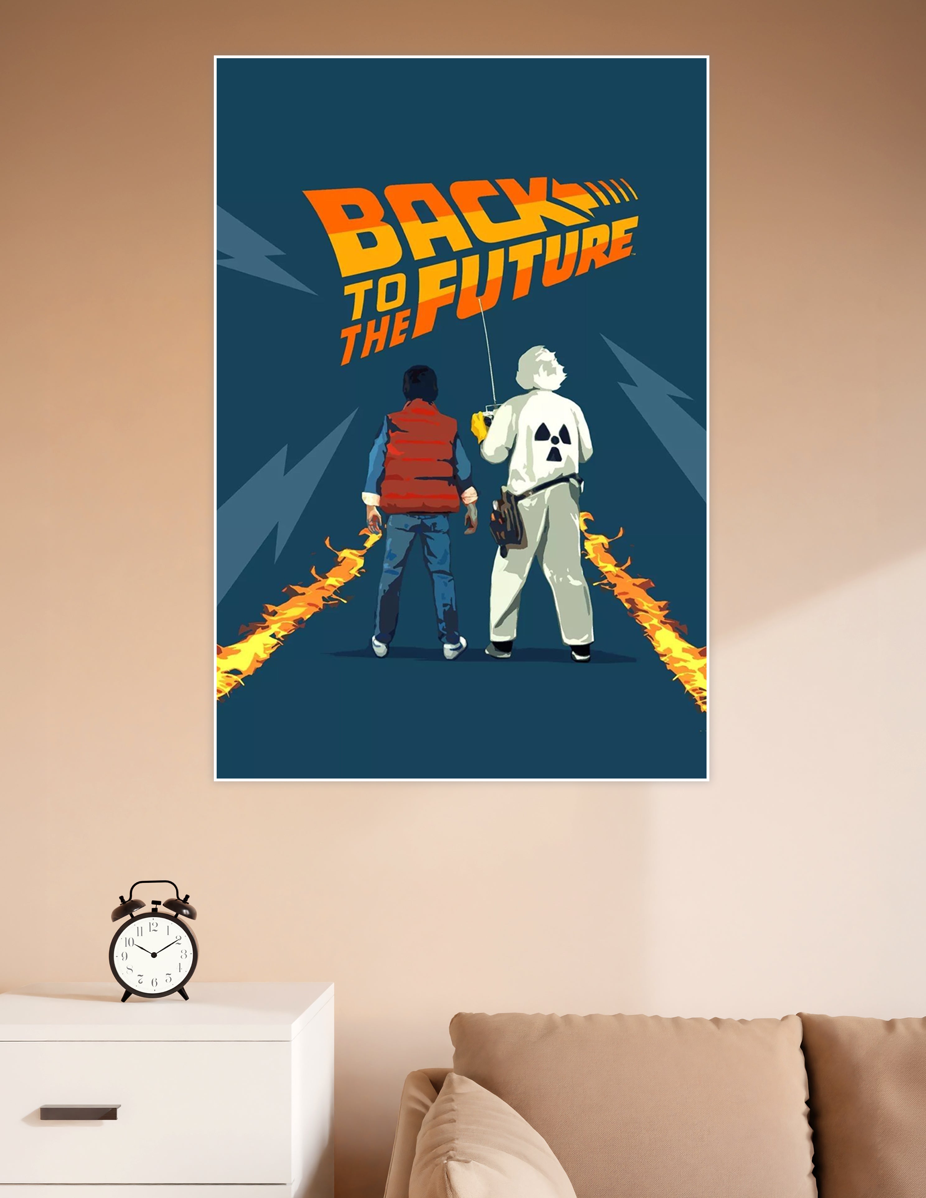 Illustrated Back to the Future poster showing Marty McFly and Doc Brown from behind, standing between fiery DeLorean tire tracks with the iconic logo above on a teal background