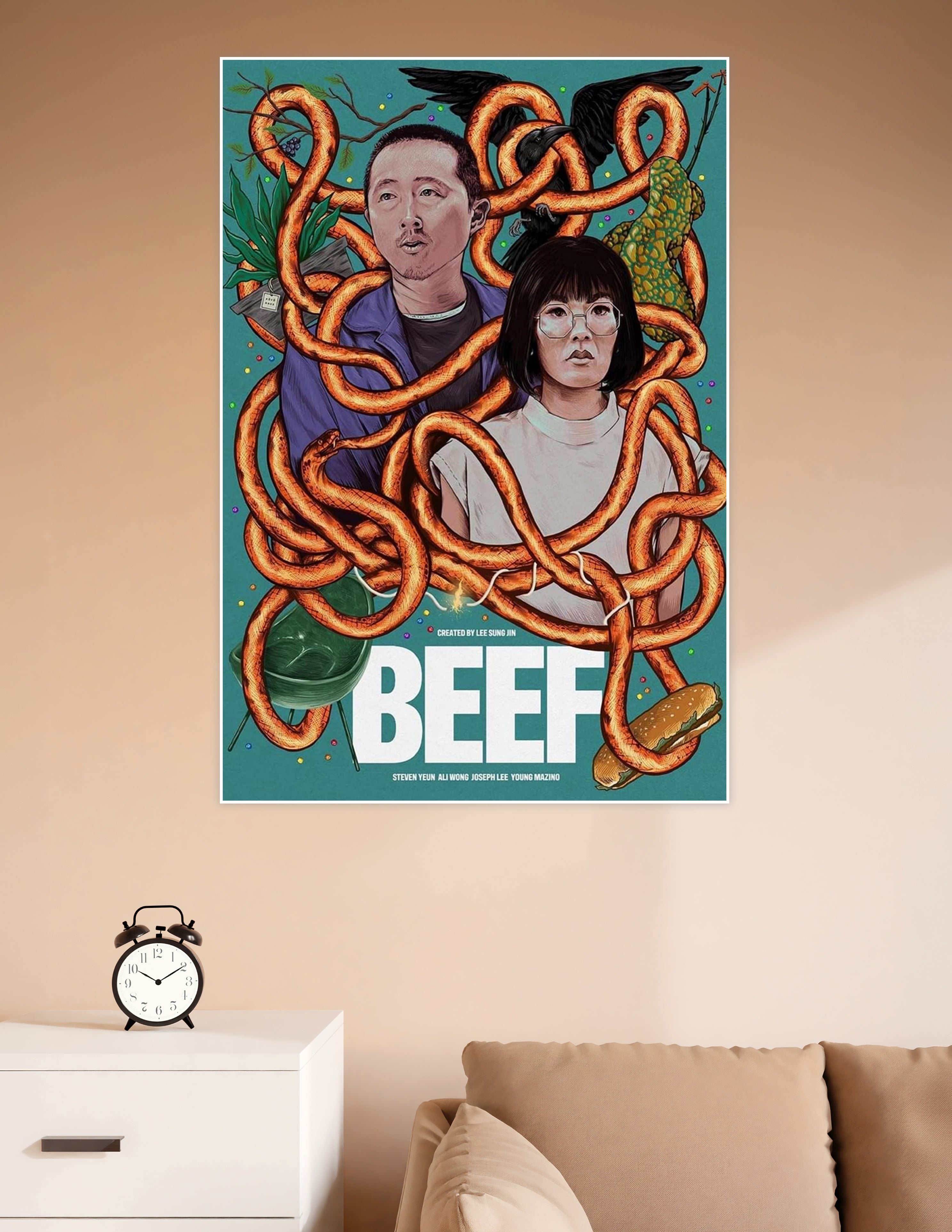 Illustrated fan art poster for Netflix series Beef featuring two figures wrapped in orange serpents with ravens on a teal background, created by Lee Sung Jin