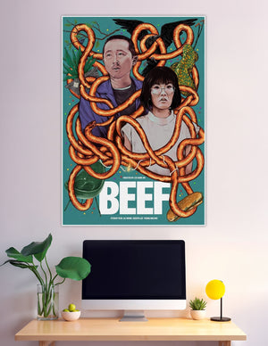 BEEF Netflix illustrated poster with Steven Yeun and Ali Wong
