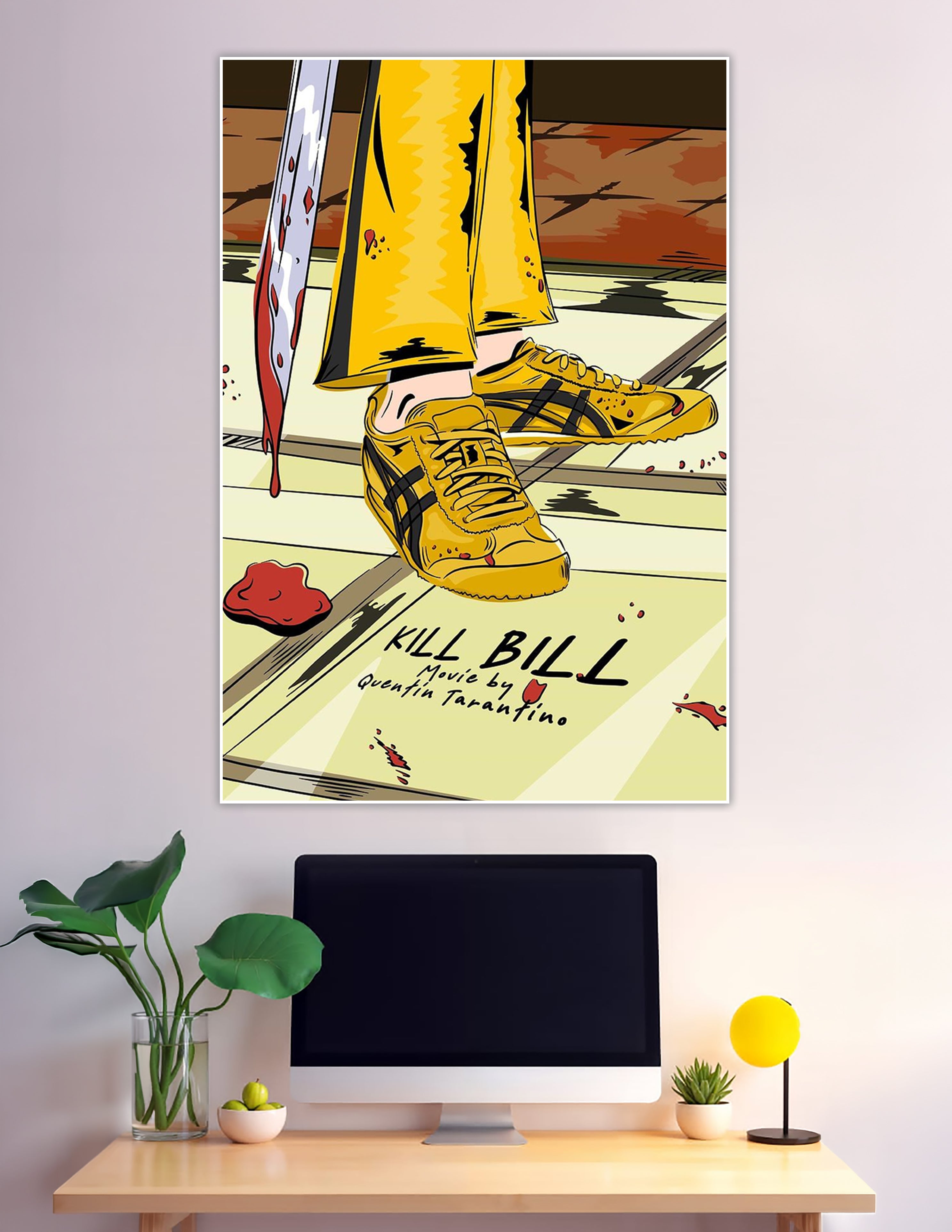 Kill Bill anime art poster yellow tracksuit Onitsuka Tigers katana