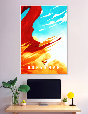 Illustrated Superman poster showing the hero flying through golden clouds with his red cape trailing behind against a bright blue sky, featuring the Superman logo
