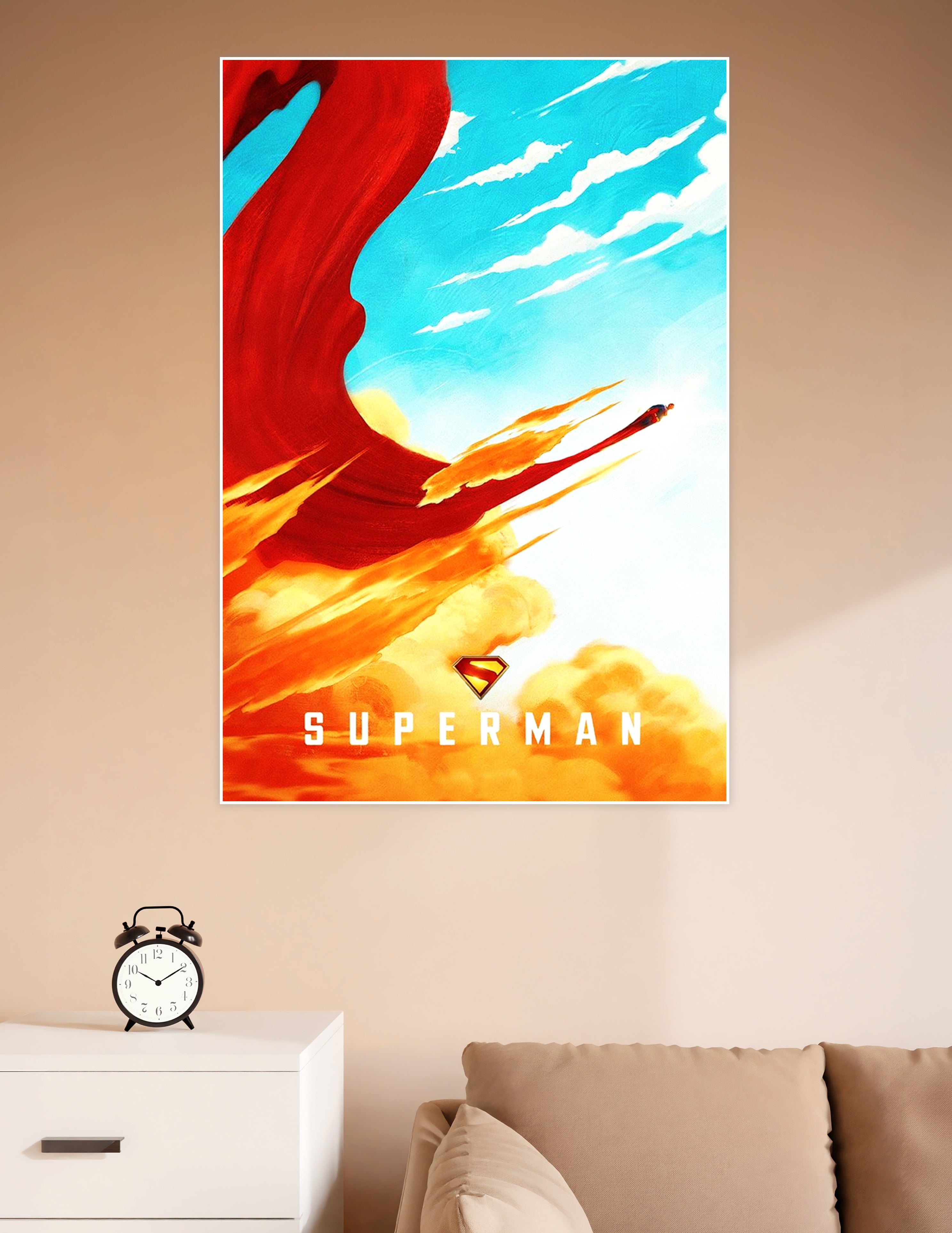 Illustrated Superman poster showing the hero flying through golden clouds with his red cape trailing behind against a bright blue sky, featuring the Superman logo