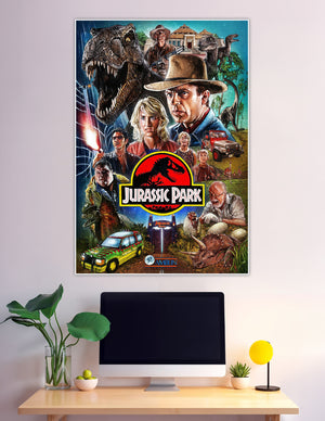 Jurassic Park illustrated fan art poster featuring T-Rex, Velociraptors, and main characters with the iconic red logo on 300 GSM matte board