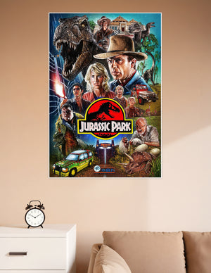 Jurassic Park illustrated fan art poster featuring T-Rex, Velociraptors, and main characters with the iconic red logo on 300 GSM matte board