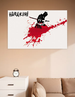 Harakiri samurai silhouette poster with dramatic red blood splatter and bold typography on white background