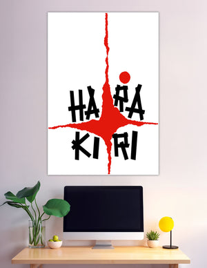 Bold black and red Harakiri typography poster with a jagged crimson slash on a white background, Japanese-inspired graphic wall art