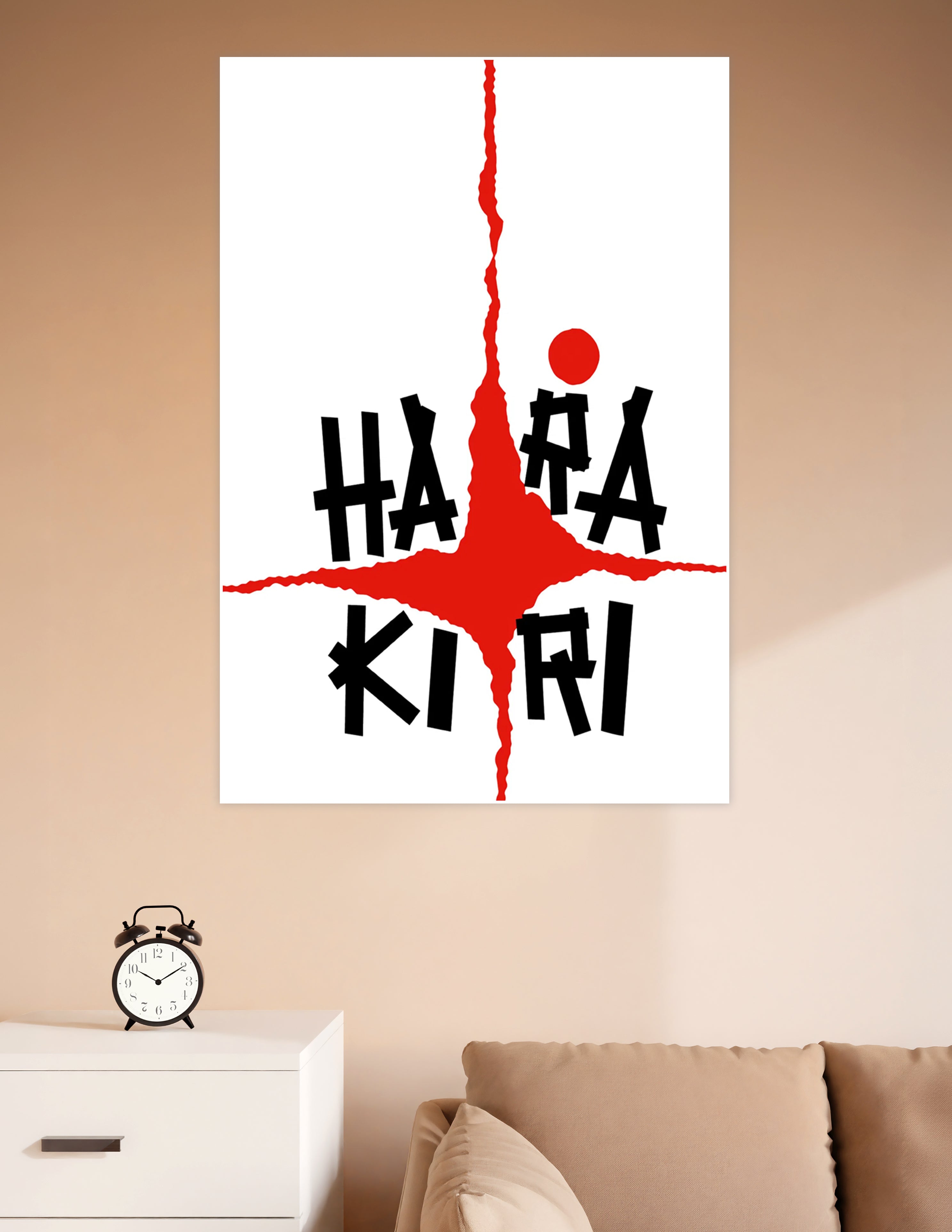 Bold black and red Harakiri typography poster with a jagged crimson slash on a white background, Japanese-inspired graphic wall art