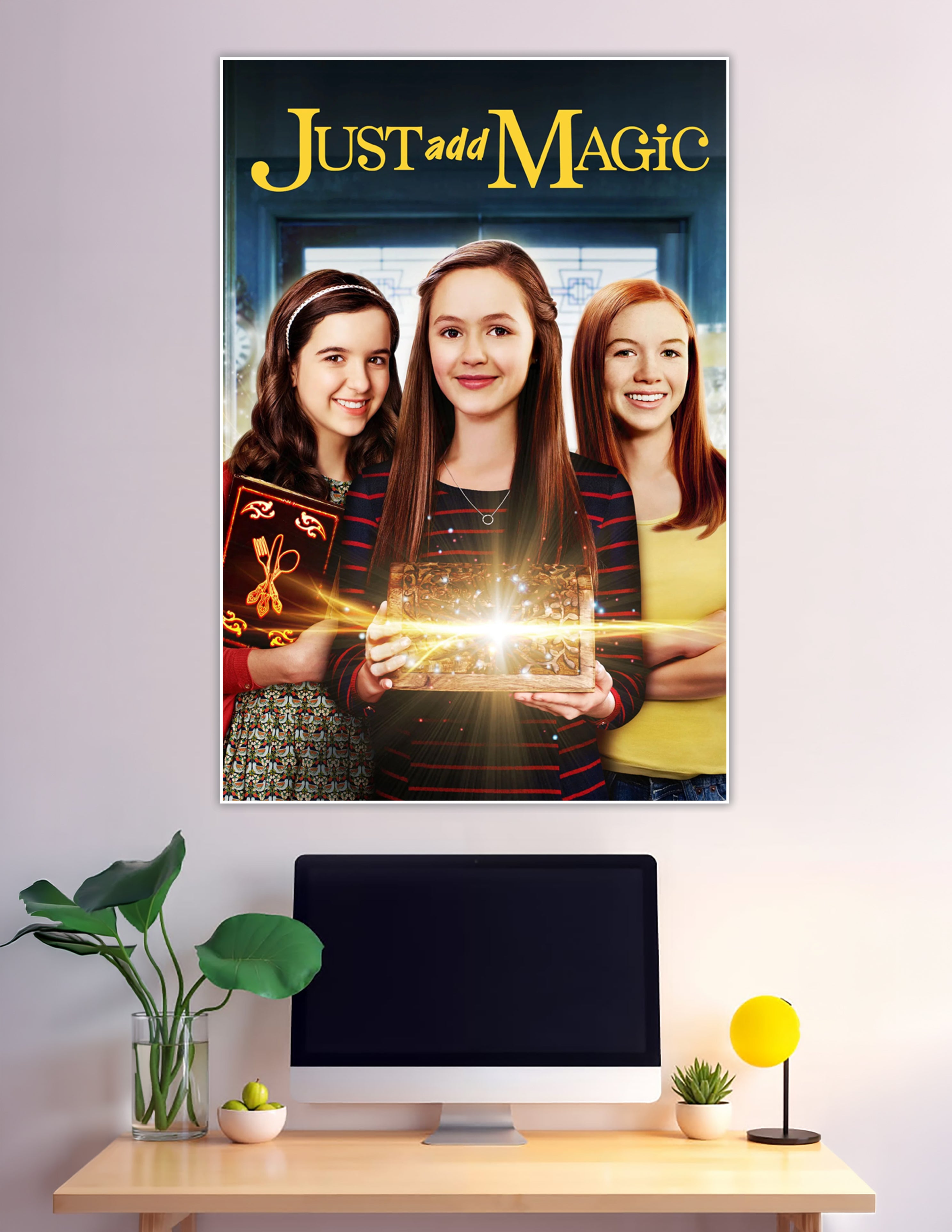 Just Add Magic Amazon Original series poster featuring three girls holding a glowing magical cookbook and chest with golden light effects