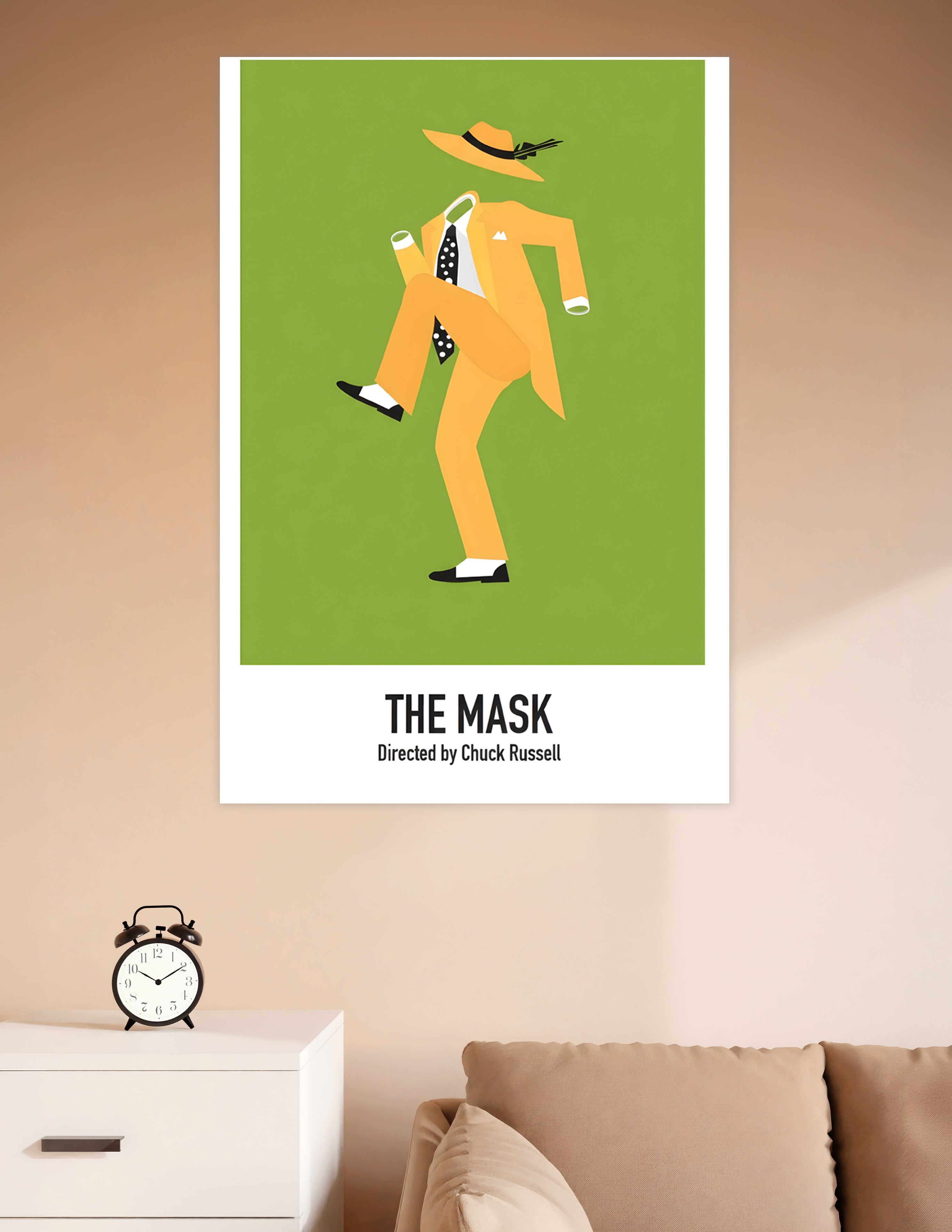 Minimalist movie poster of The Mask featuring a headless yellow zoot suit figure dancing on a green background, directed by Chuck Russell