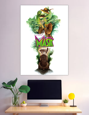 Watercolor illustration poster of The Mask movie showing a figure putting on the glowing green mask with swirling energy and a dog below, with bold green and purple title text