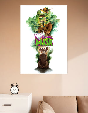 Watercolor illustration poster of The Mask movie showing a figure putting on the glowing green mask with swirling energy and a dog below, with bold green and purple title text