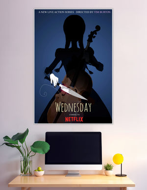 Wednesday Netflix series silhouette poster with cello and knife