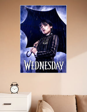 Wednesday Addams standing in the rain holding a gothic black umbrella wearing Nevermore Academy uniform, dark blue cinematic poster