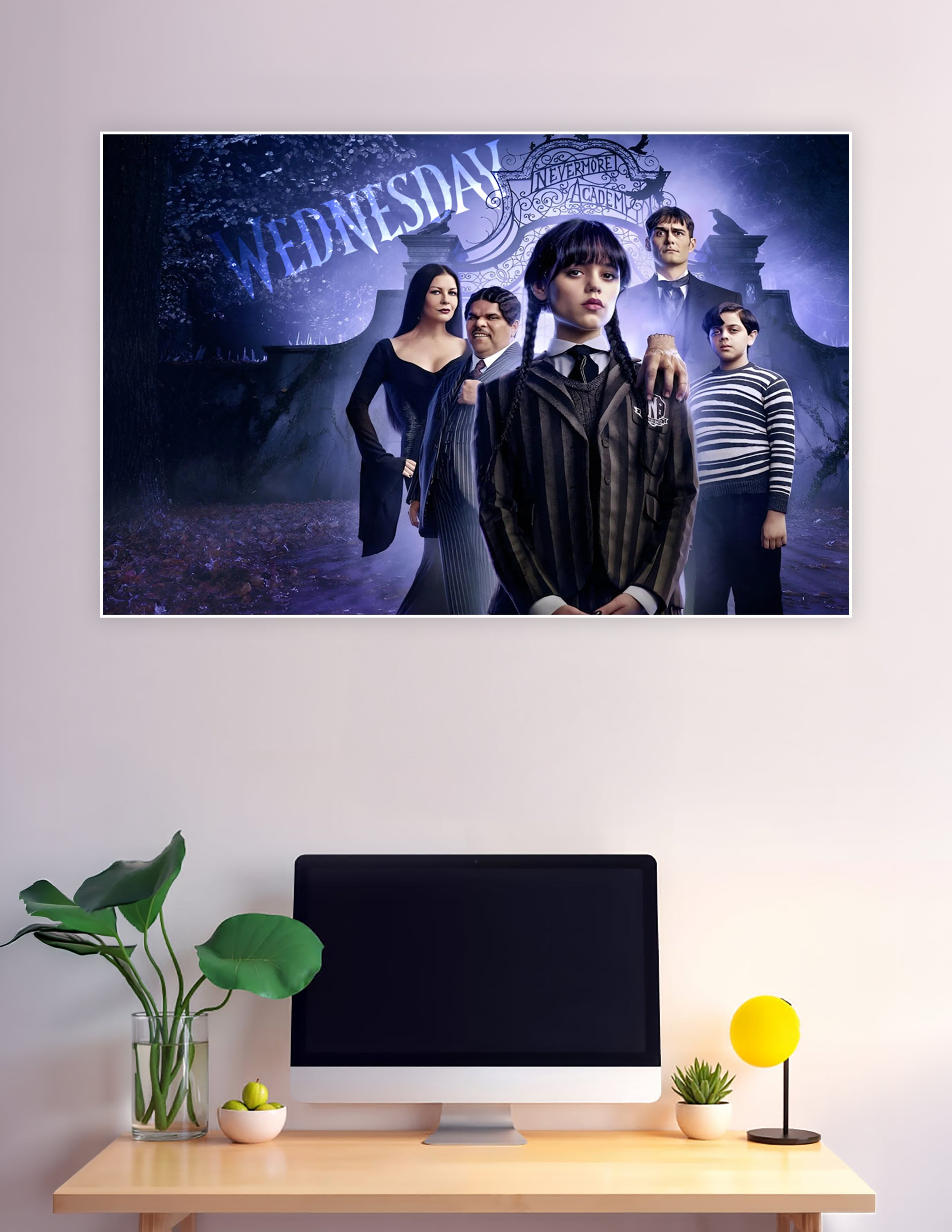 Wednesday Addams and the Addams Family cast standing before the gothic gates of Nevermore Academy in a moody purple-toned promotional poster for the Netflix series Wednesday