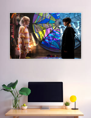Fan art poster of two contrasting characters — one in all black with dark braids and one in a colorful striped sweater — facing each other in front of a vibrant stained-glass spider web window