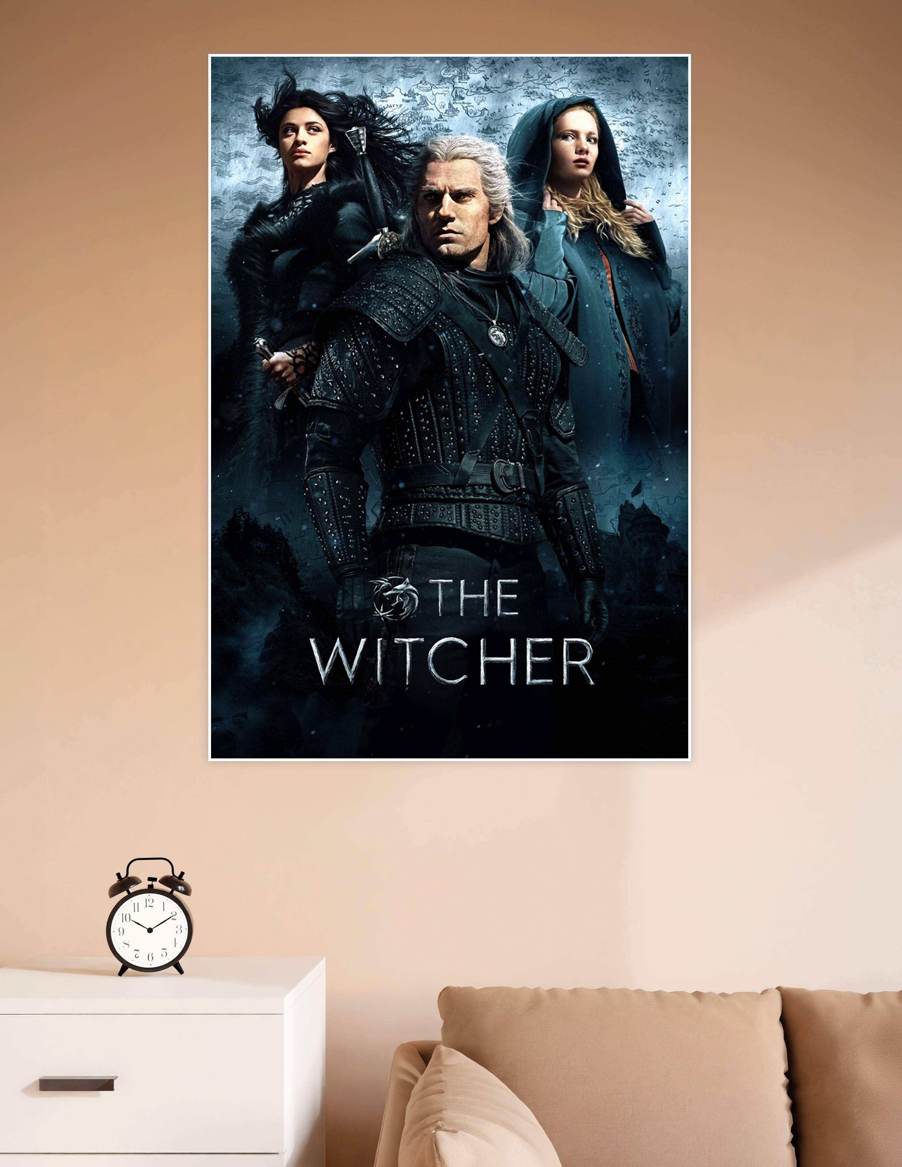 The Witcher Netflix series poster featuring Geralt of Rivia in black armor with Yennefer and Ciri against a fantasy map background