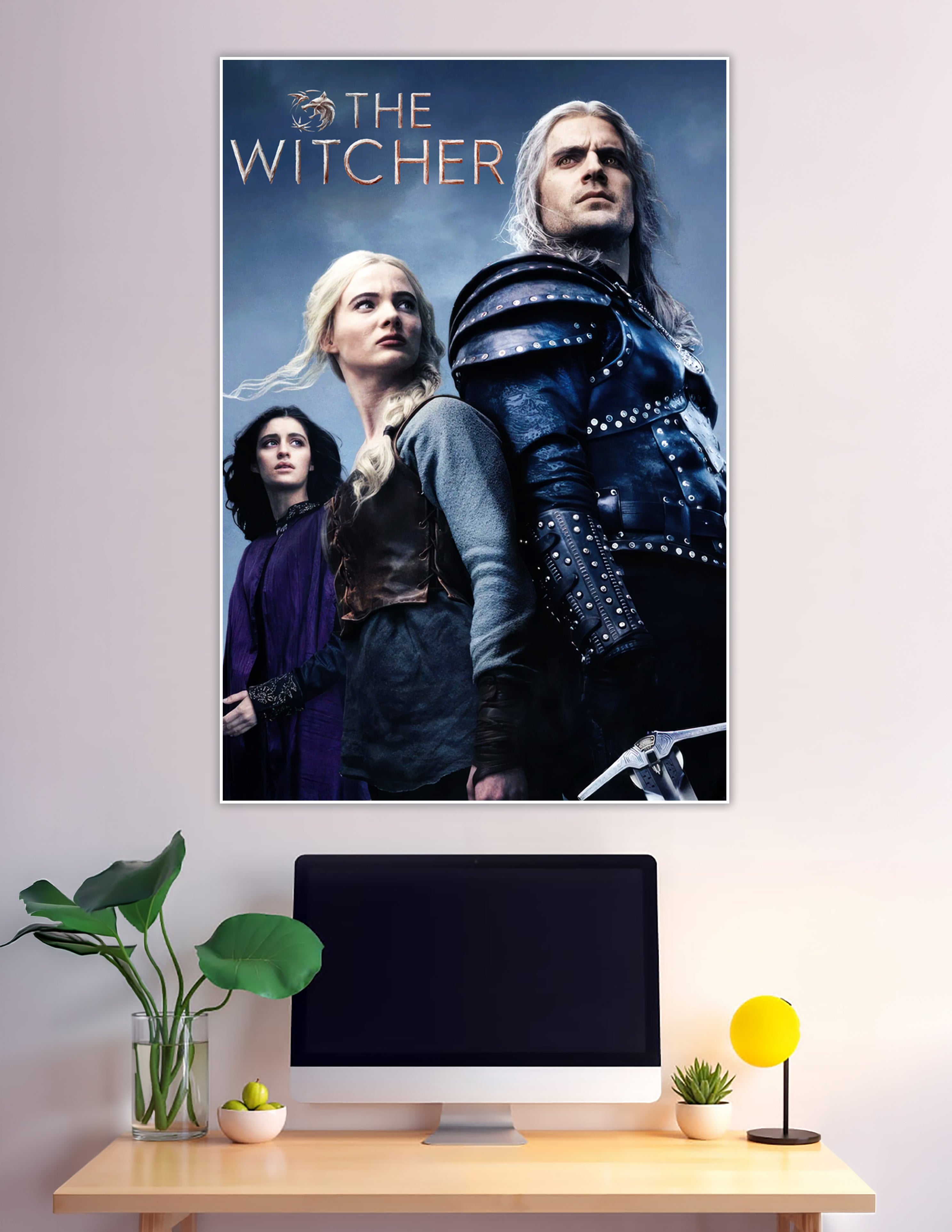 The Witcher Netflix series poster featuring Geralt in dark leather armor with Ciri and Yennefer against a stormy blue sky