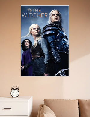 The Witcher Netflix series poster featuring Geralt in dark leather armor with Ciri and Yennefer against a stormy blue sky