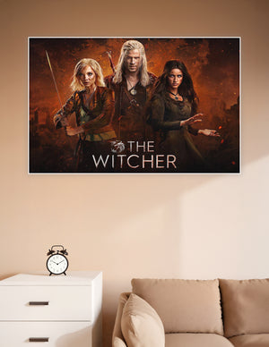 The Witcher Netflix series poster featuring Geralt, Ciri, and Yennefer against a fiery orange background with the show's logo