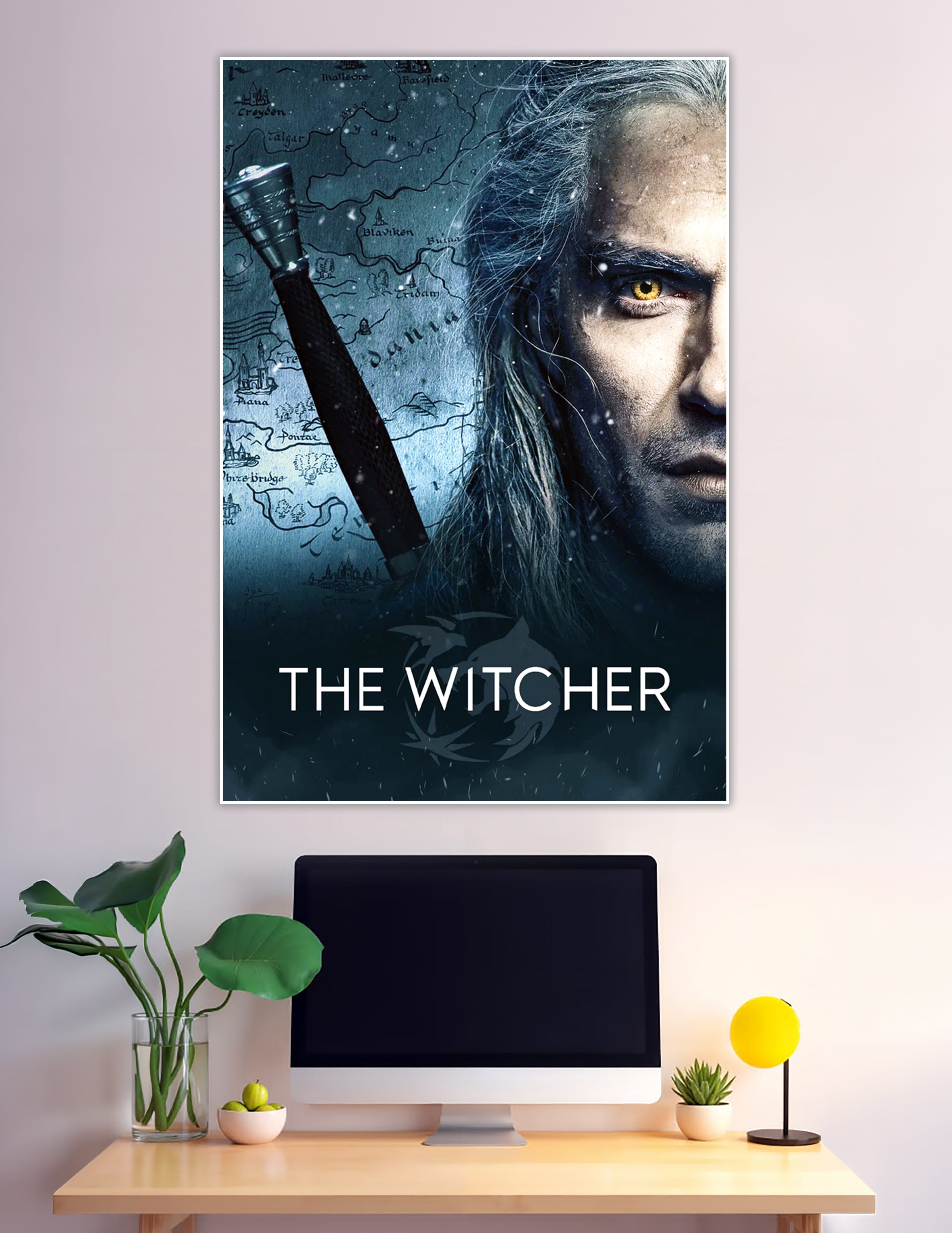 The Witcher Netflix series poster showing Geralt of Rivia with glowing golden eyes, white hair, a sword hilt, and a fantasy map of the Continent in icy blue tones