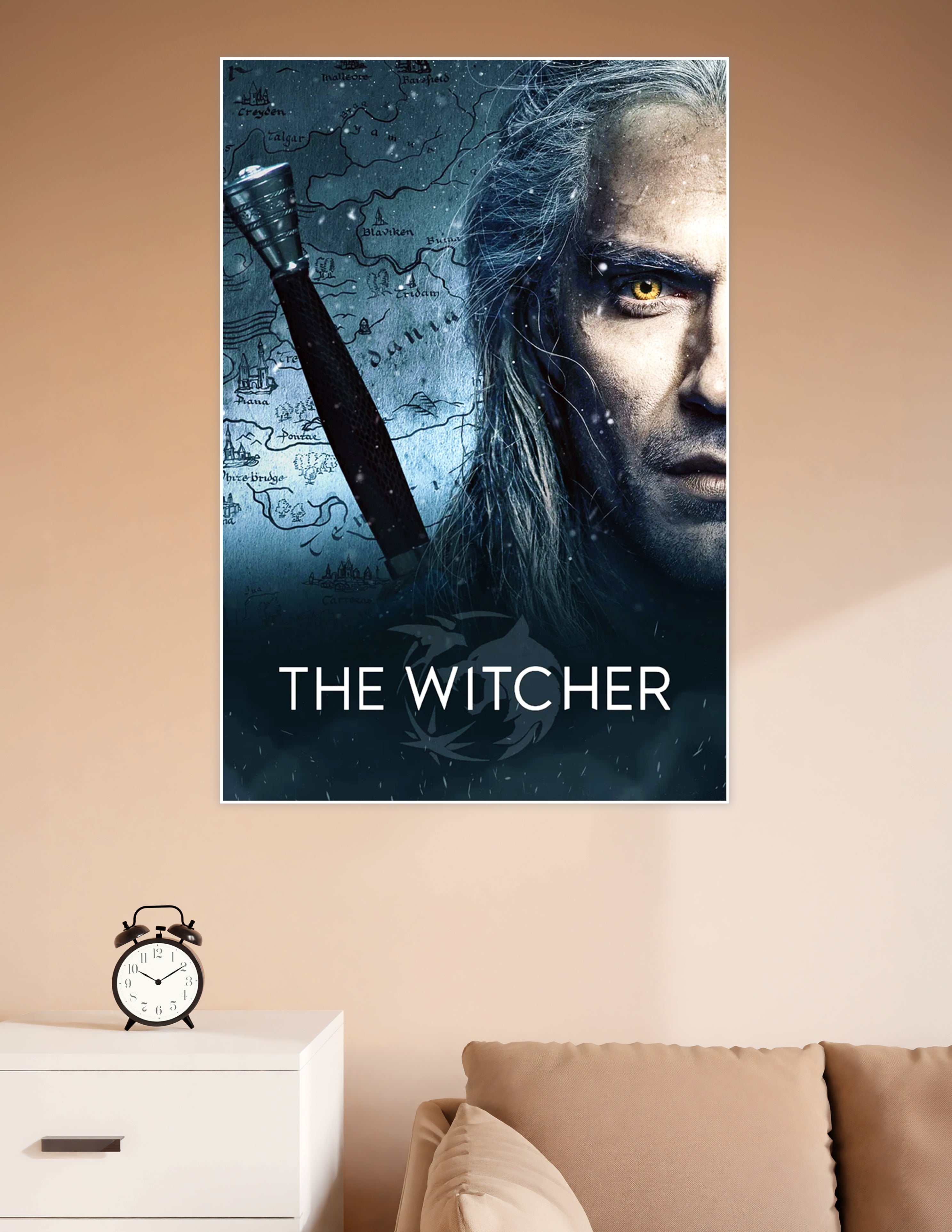 The Witcher Netflix series poster showing Geralt of Rivia with glowing golden eyes, white hair, a sword hilt, and a fantasy map of the Continent in icy blue tones