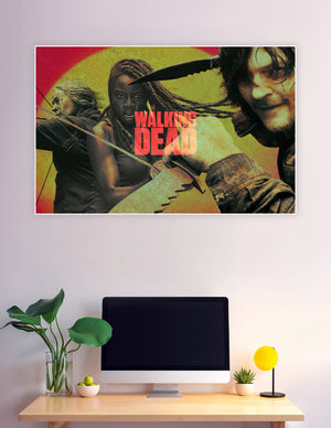 The Walking Dead poster featuring three iconic survivors with weapons drawn against a fiery red and gold apocalyptic background