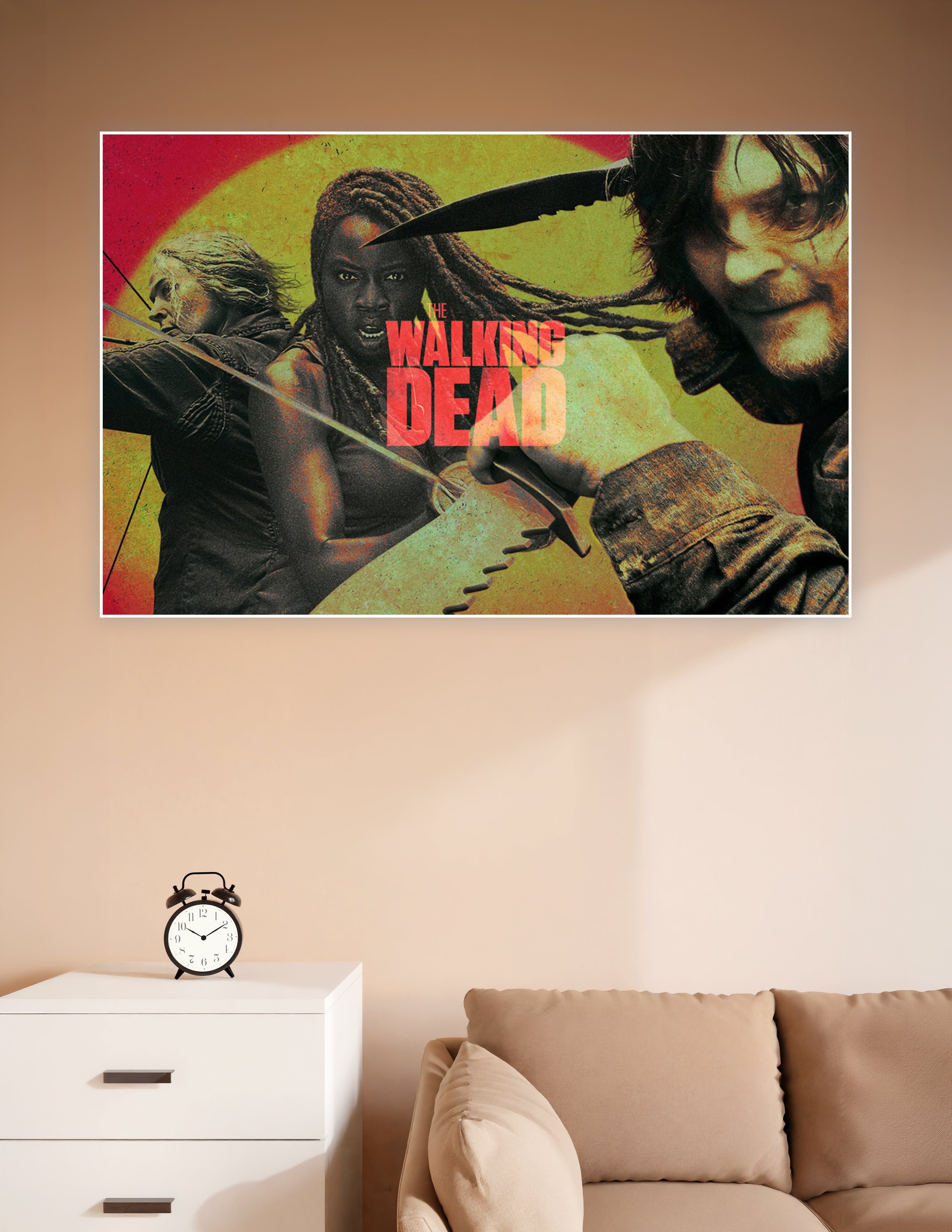 The Walking Dead poster featuring three iconic survivors with weapons drawn against a fiery red and gold apocalyptic background