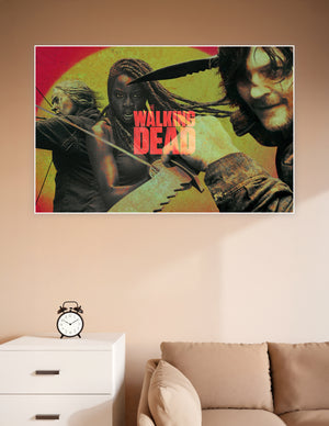 The Walking Dead poster featuring three iconic survivors with weapons drawn against a fiery red and gold apocalyptic background