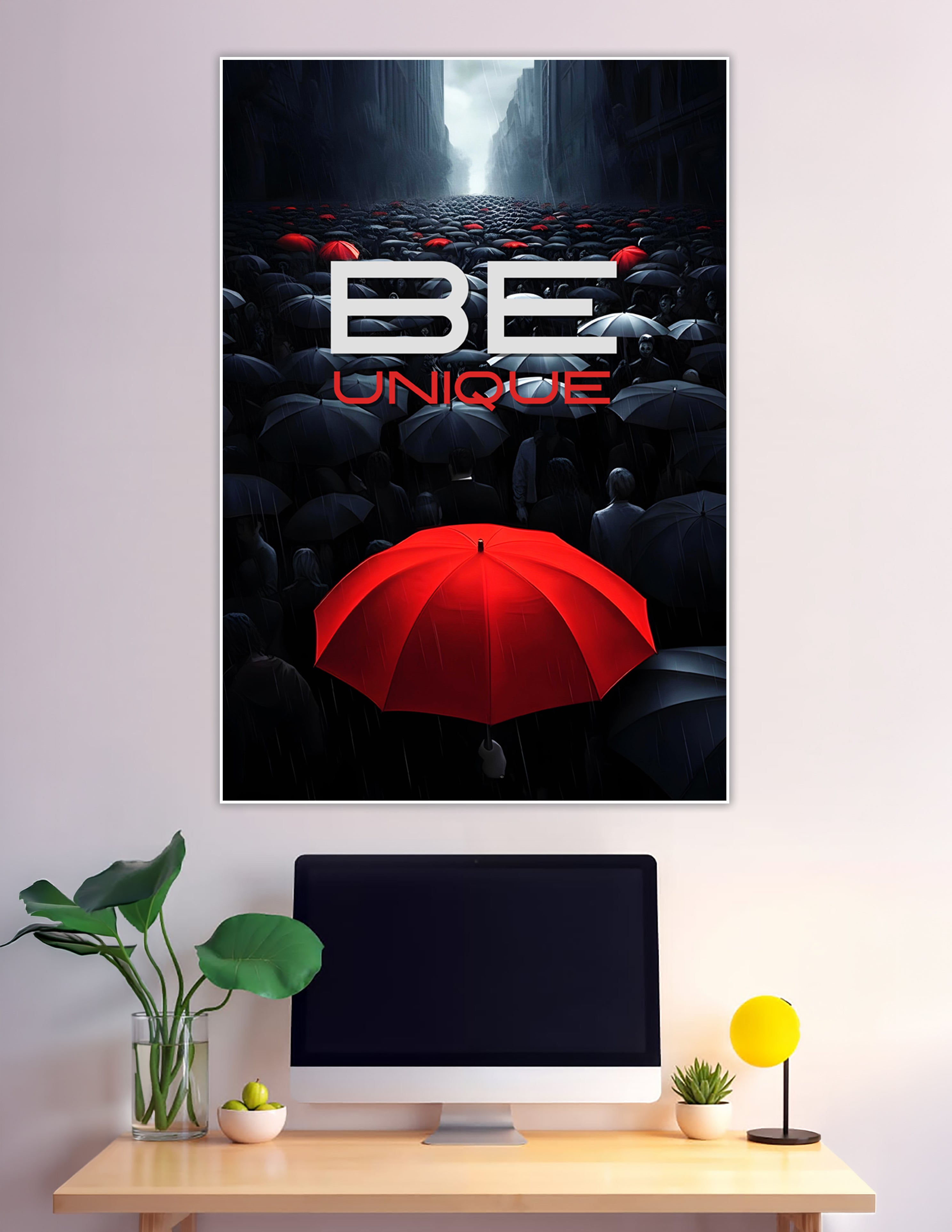 Red umbrella standing out among dark grey umbrellas crowd
