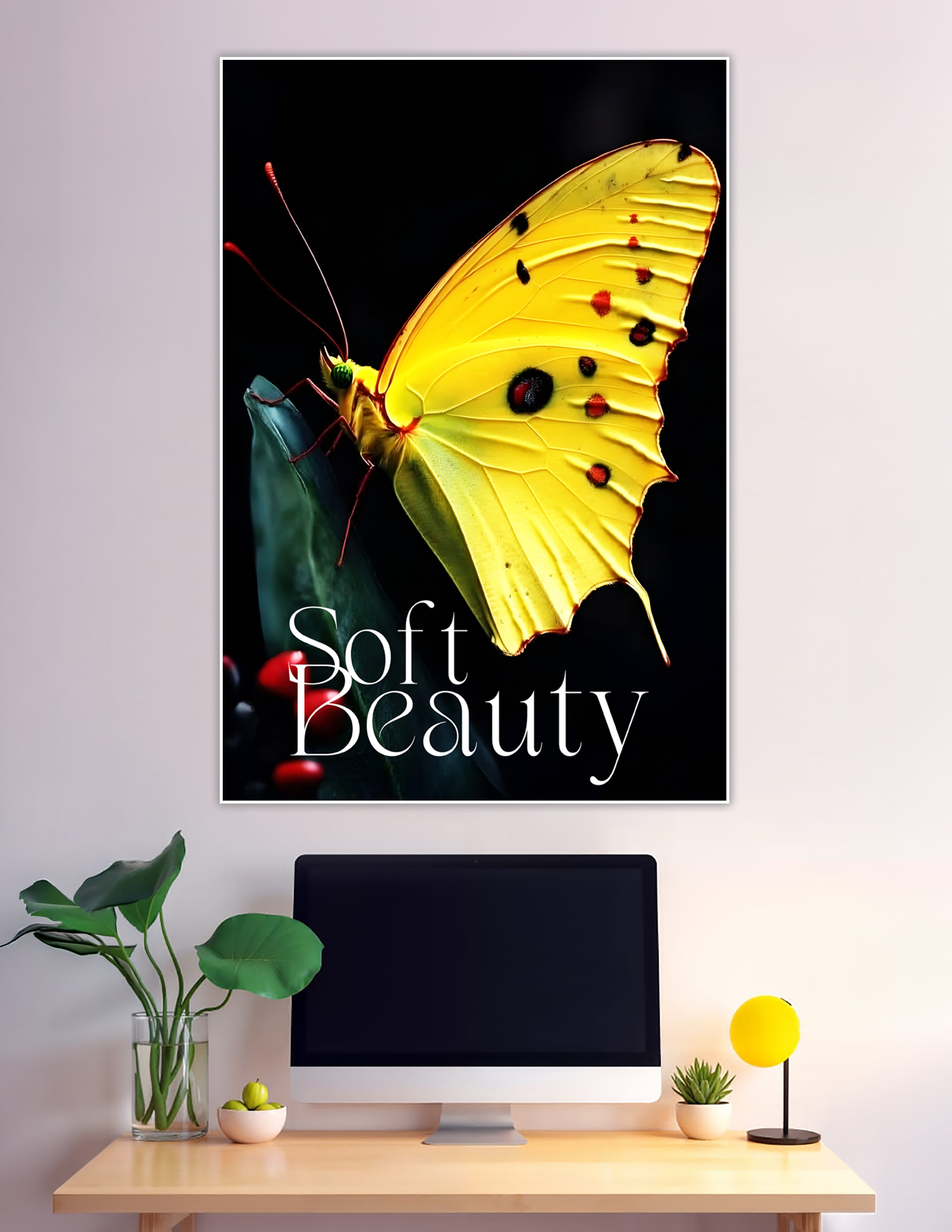 Vivid yellow butterfly on dark background nature poster