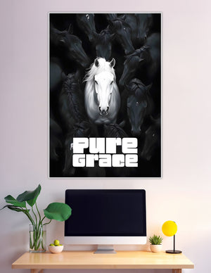 White horse surrounded by dark horses dramatic black poster
