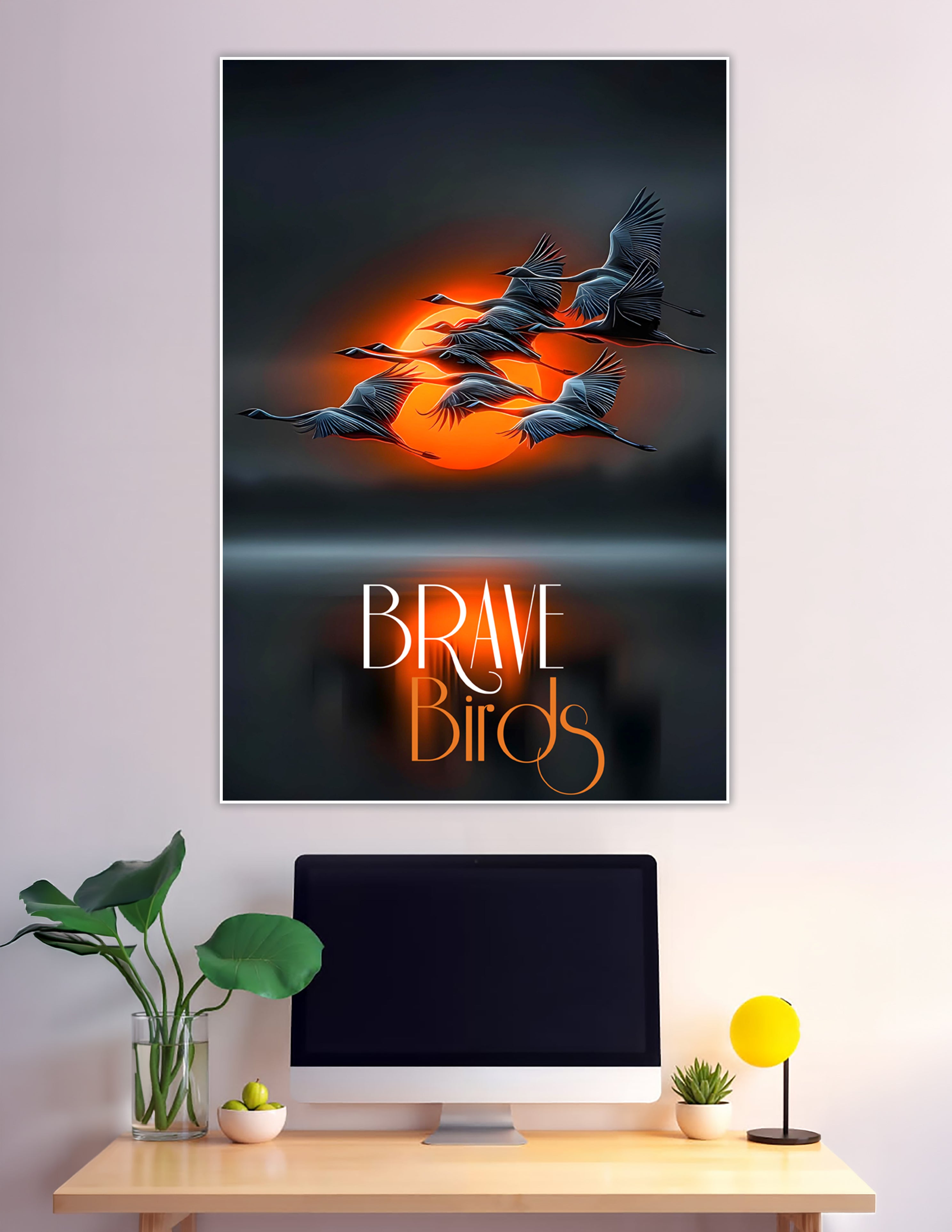 Cranes flying over glowing orange sunset dramatic poster