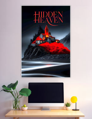 Dark gothic castle with red rooftops and crimson foliage glowing on black cliffs at night with the title Hidden Heaven in red text