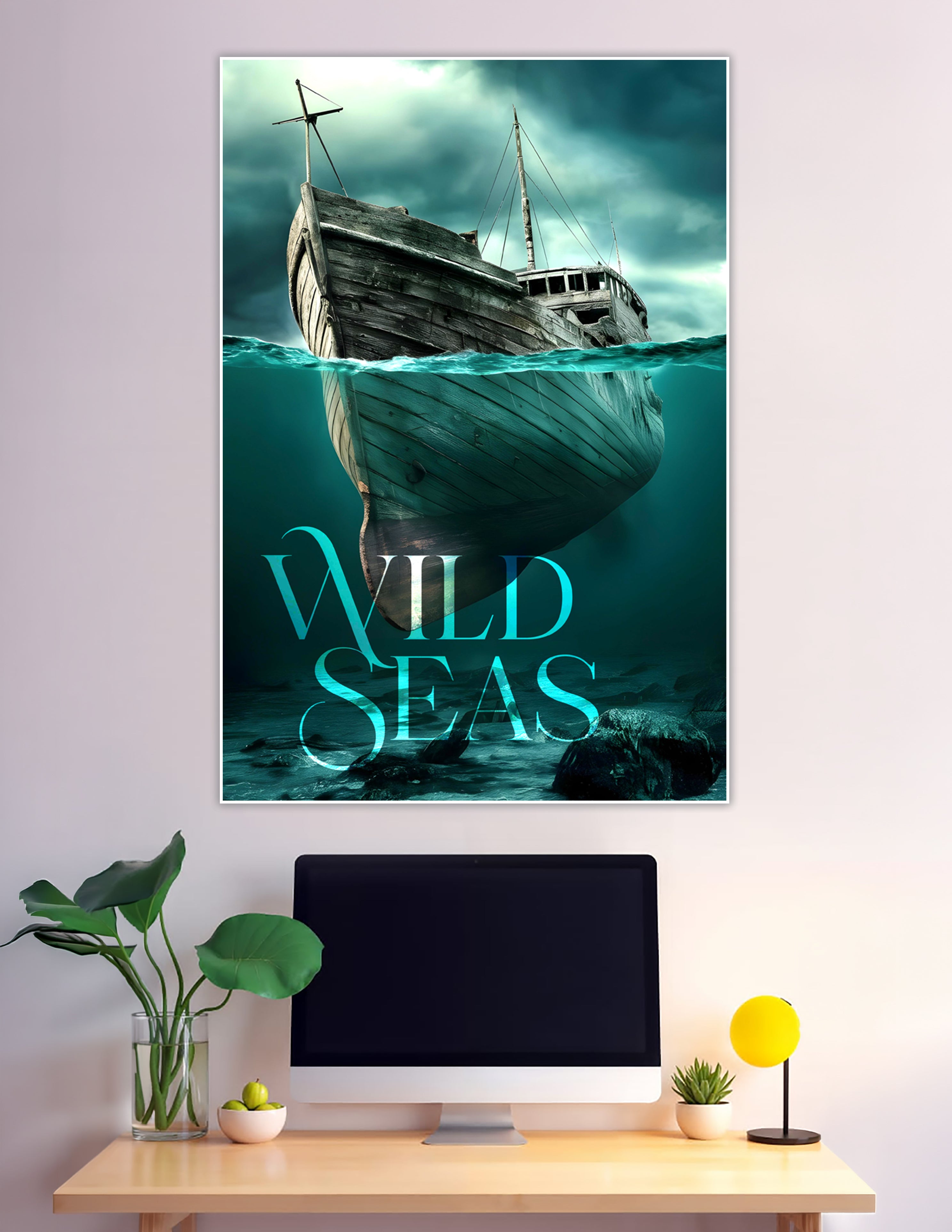 Wild Seas wooden shipwreck above and below stormy ocean