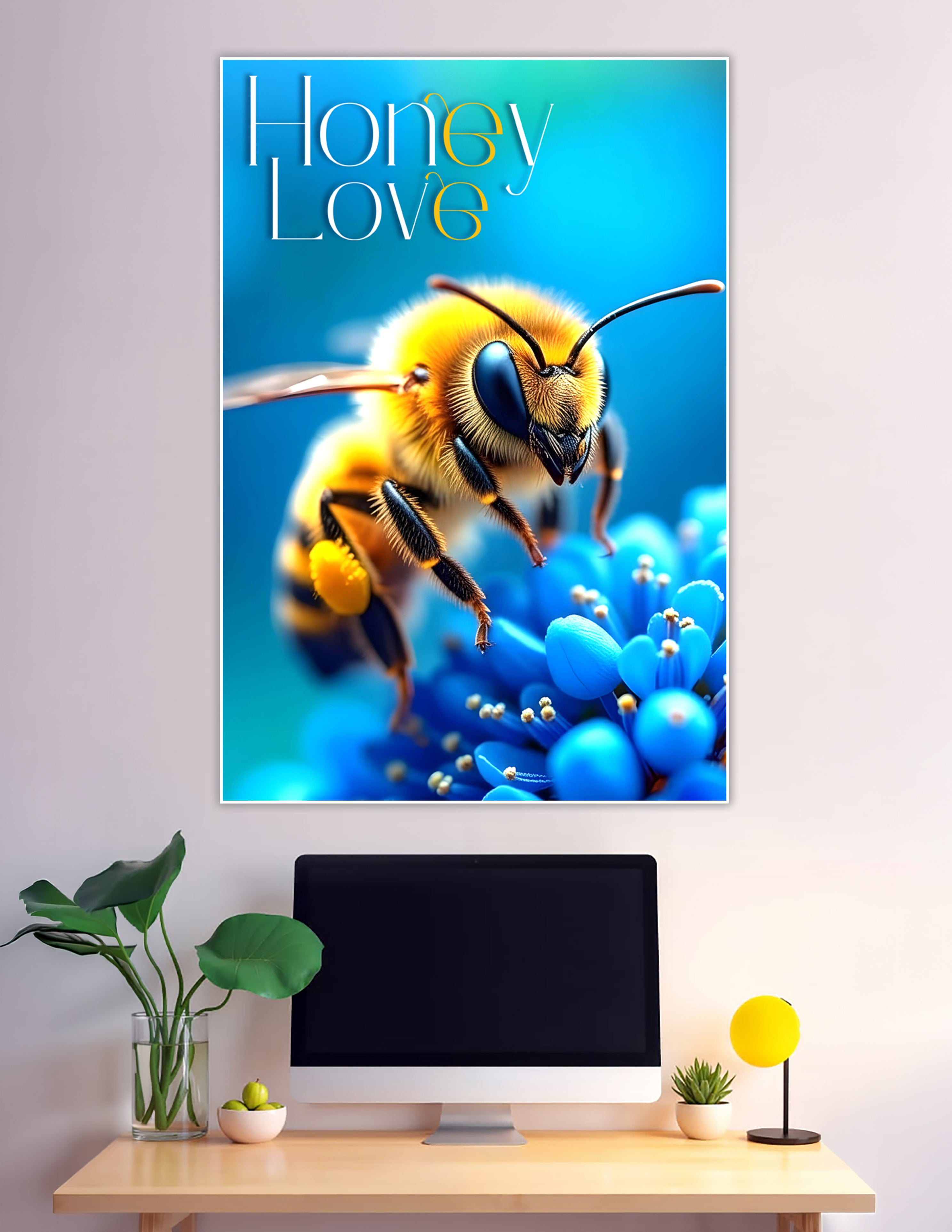 Macro honeybee on blue flower Honey Love poster