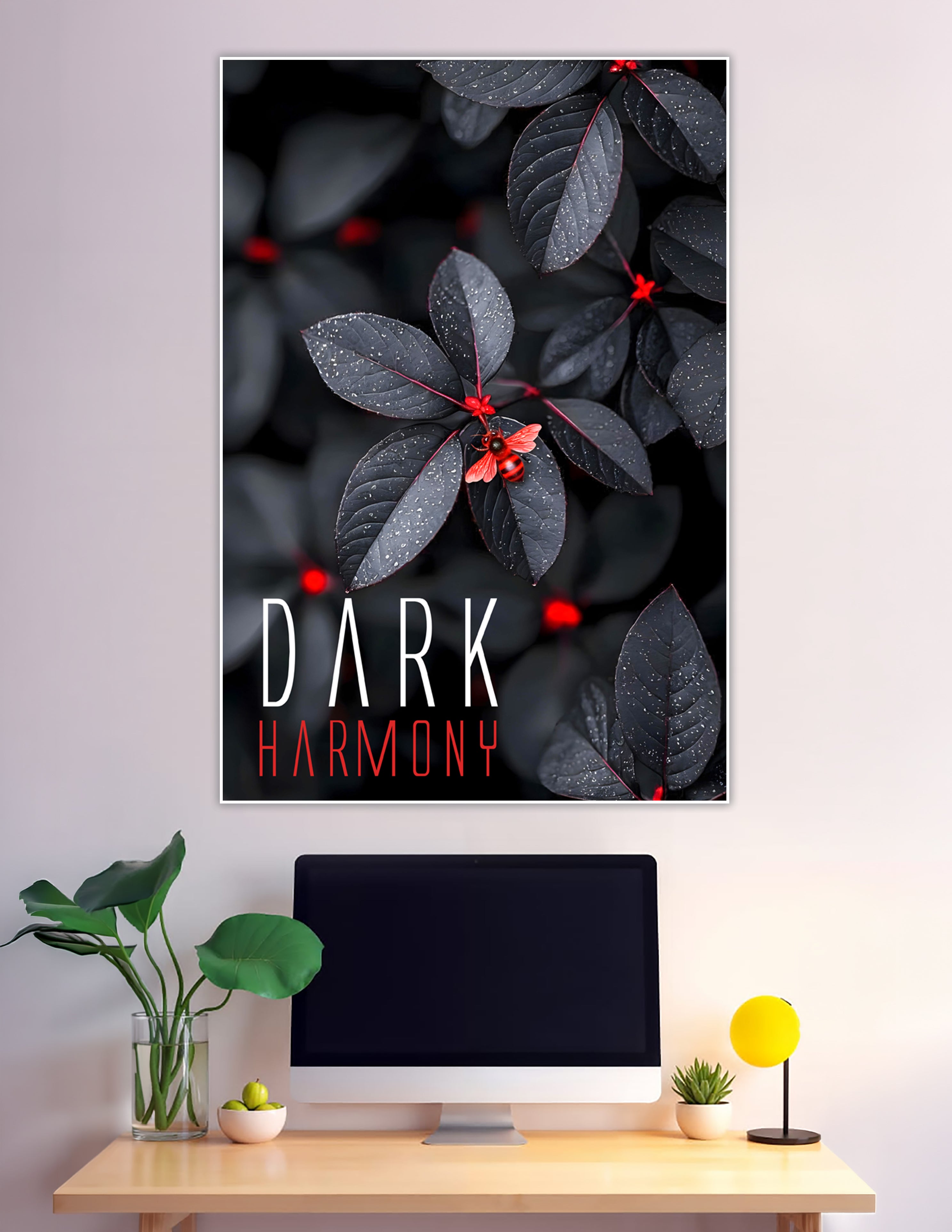 Dark botanical poster with black leaves and red accents