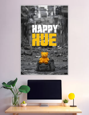 Black and white urban ruins background with a vivid yellow teddy bear on a bag and bold 'Happy Hue' typography overlay