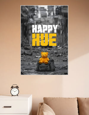 Black and white urban ruins background with a vivid yellow teddy bear on a bag and bold 'Happy Hue' typography overlay