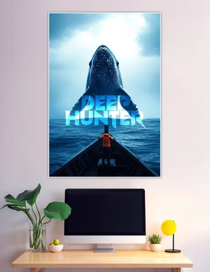 Cinematic poster of man facing giant breaching whale