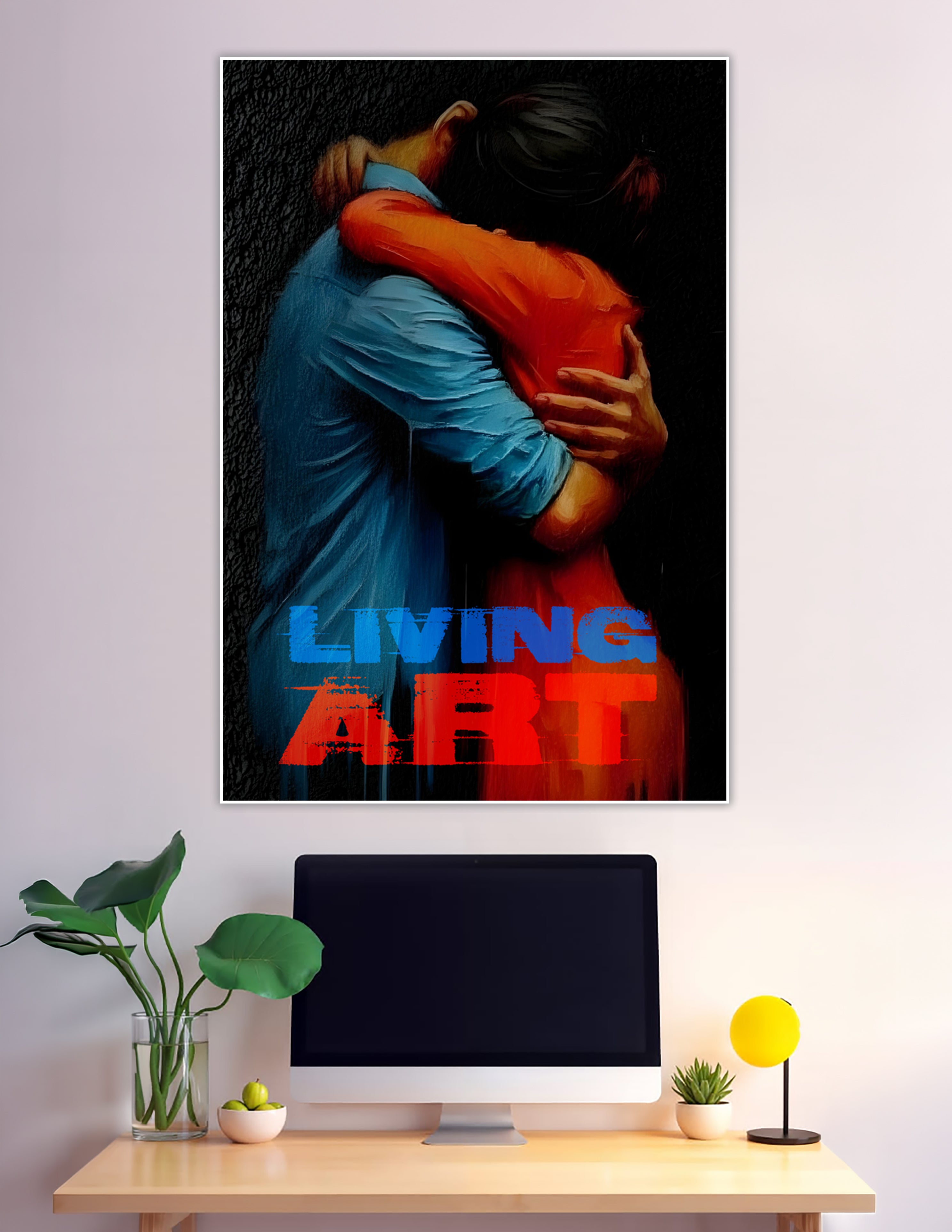 Oil painting style poster of couple embracing in blue and red
