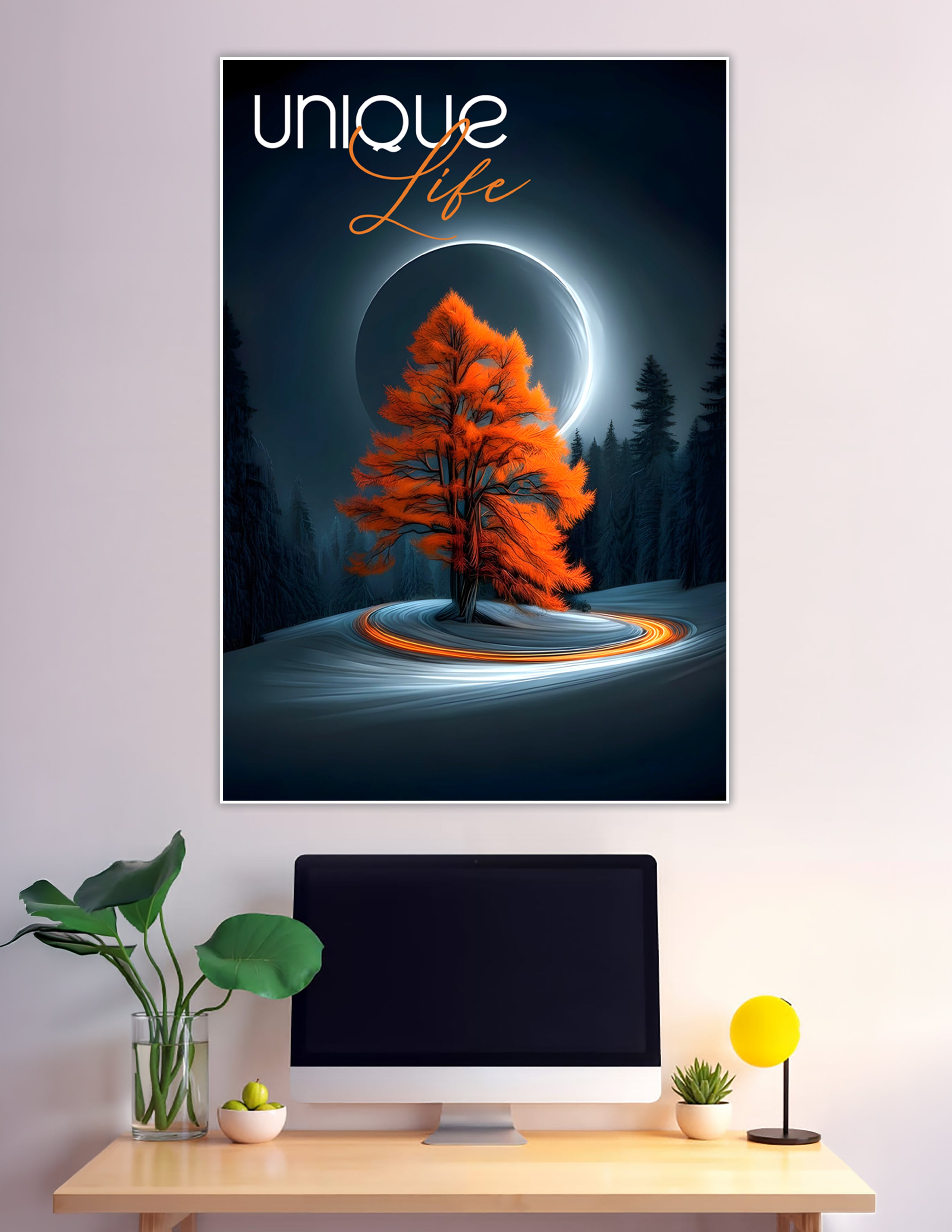 Glowing orange tree under lunar eclipse winter forest poster